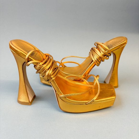 Jeffrey Campbell Metallic Gold Wrap Tie Sandal Platform Heels, 8 - Picture 4 of 10